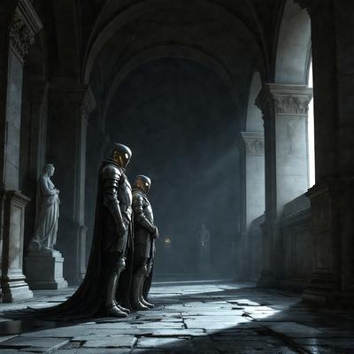 The primary subject of the image is a group of three men dressed in medieval armor, standing in a dark, stone-walled hallway. The setting appears to be a castle or a similar historical building. The visual style of the image is a combination of photo and digital art, creating a realistic yet artistic representation of the scene. The dominant colors in the image are dark and muted, with the armor and clothing of the men being the main focus. The overall atmosphere of the image is one of mystery and intrigue